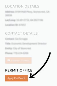 Arrow pointing to the link to apply for a permit for the selected location.